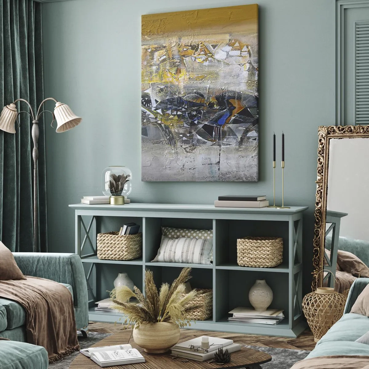 Bild auf Leinwand - Leinwandbild - Abstraktion mit dominanten Gelb- und Grautönen - 80x120cm - Alles wird gut - Moderne Wanddekoration für Wohnzimmer und Schlafzimmer ARTTOR