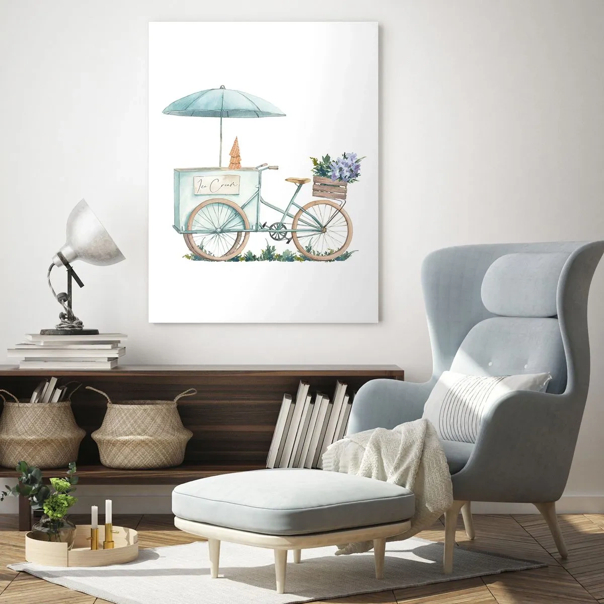 Glasbild - Bild auf glas - Ein Fahrrad mit Eiscreme und pastellfarbenen Blumen - 50x70cm - Süße Erinnerung an den Sommer - Moderne Wanddekoration für Wohnzimmer und Schlafzimmer ARTTOR
