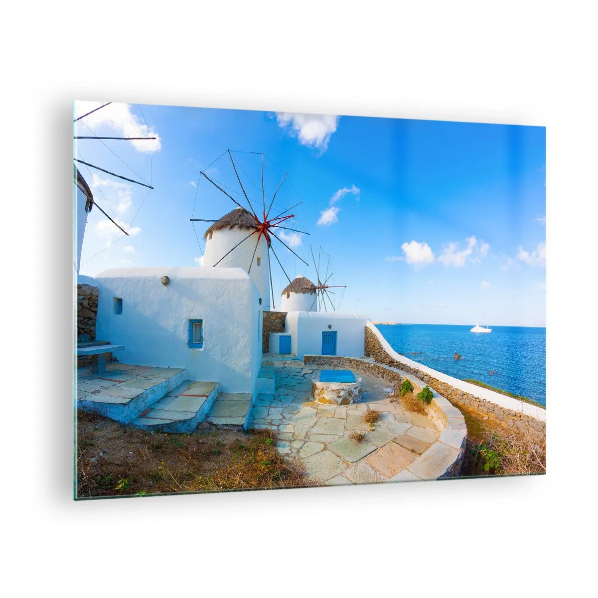 Glasbild - Bild auf glas - Windmühlen an der Ägäisküste - 70x50cm - Der blaue Wind vom Meer - Moderne Wanddekoration für Wohnzimmer und Schlafzimmer ARTTOR