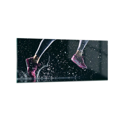 Glasbild - Bild auf glas - Eine dynamische Aufnahme eines Laufs im Regen vor schwarzem Hintergrund - 120x50cm - Wie viel Kraft in den Beinen - Moderne Wanddekoration für Wohnzimmer und Schlafzimmer ARTTOR