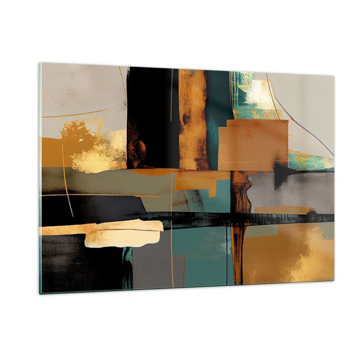 Glasbild - Bild auf glas - Moderne Abstraktion mit kontrastierendem Gold, Schwarz und Türkis - 120x80cm - Abstraktion – Licht und Schatten - Moderne Wanddekoration für Wohnzimmer und Schlafzimmer ARTTOR