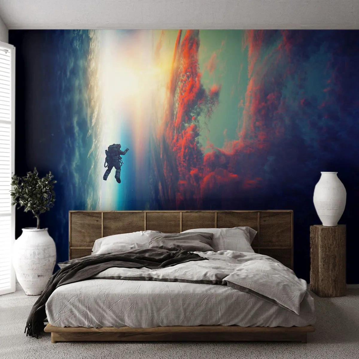 Fototapete Premium Sand - Ein Astronaut schwebt im Weltraum über der Erde - 100x70cm - Sich dem Universum stellen - Moderne Wanddekoration für Wohnzimmer und Schlafzimmer ARTTOR