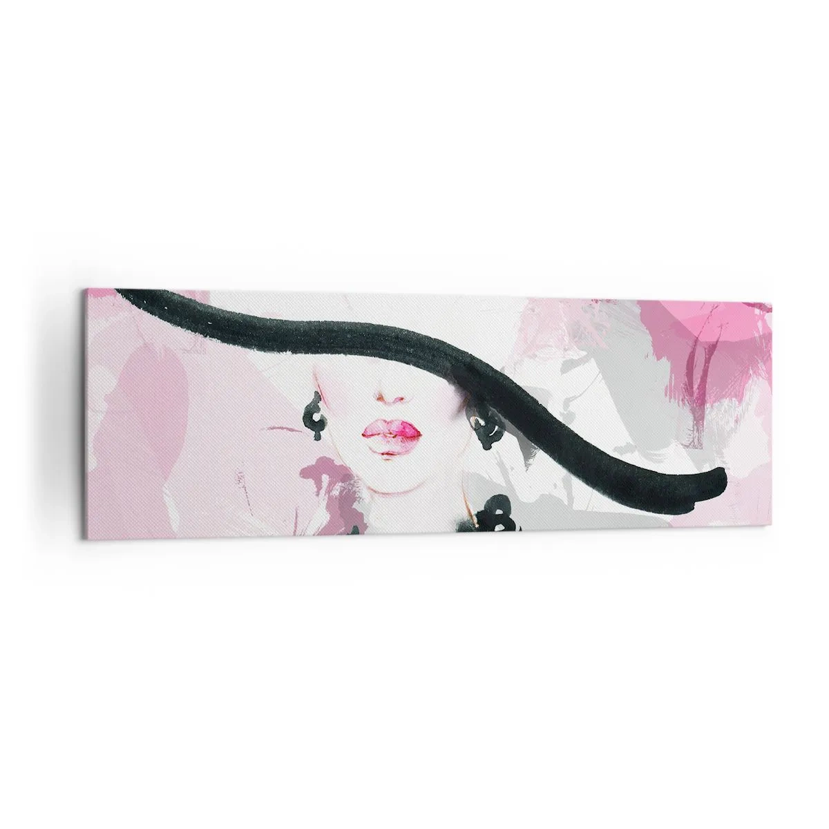 Bild auf Leinwand - Leinwandbild - Eine elegante Frau mit Hut vor einem Hintergrund aus rosa Abstraktionen. - 160x50cm - Bildnis einer Dame in Schwarz und Pink - Moderne Wanddekoration für Wohnzimmer und Schlafzimmer ARTTOR