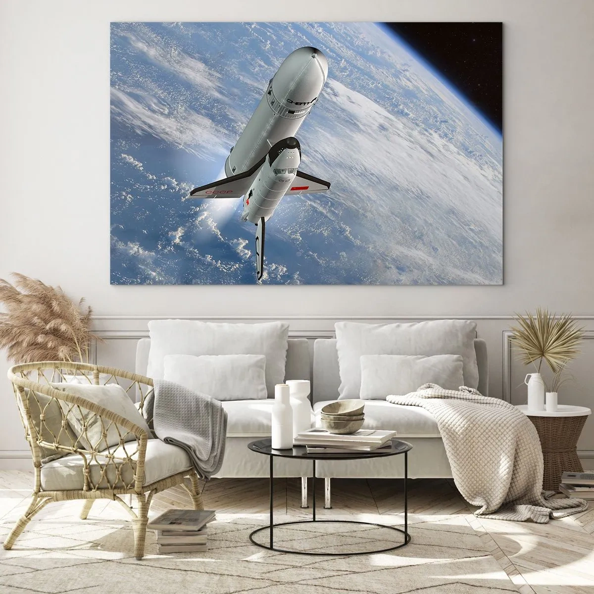 Glasbild - Bild auf glas - Ein Space Shuttle startet ins All, im Hintergrund die Erde. - 120x80cm - Kosmischer Aufstieg - Moderne Wanddekoration für Wohnzimmer und Schlafzimmer ARTTOR