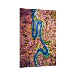 Glasbild - Bild auf glas - Eine kurvenreiche Straße in einem herbstlichen Wald aus der Vogelperspektive gesehen - 70x100cm - Kurvenreicher Weg durch den Wald - Moderne Wanddekoration für Wohnzimmer und Schlafzimmer ARTTOR