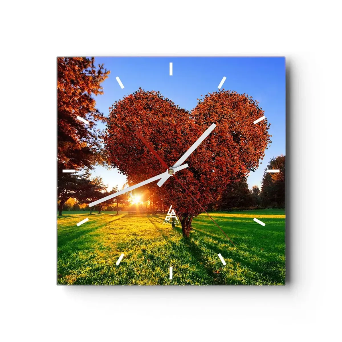 Wanduhr - Glasuhr - Ein herzförmiger Baum in einer Herbstlandschaft - 30x30cm - Und wie man den Herbst nicht liebt - Moderne Wanddekoration für Wohnzimmer und Schlafzimmer ARTTOR