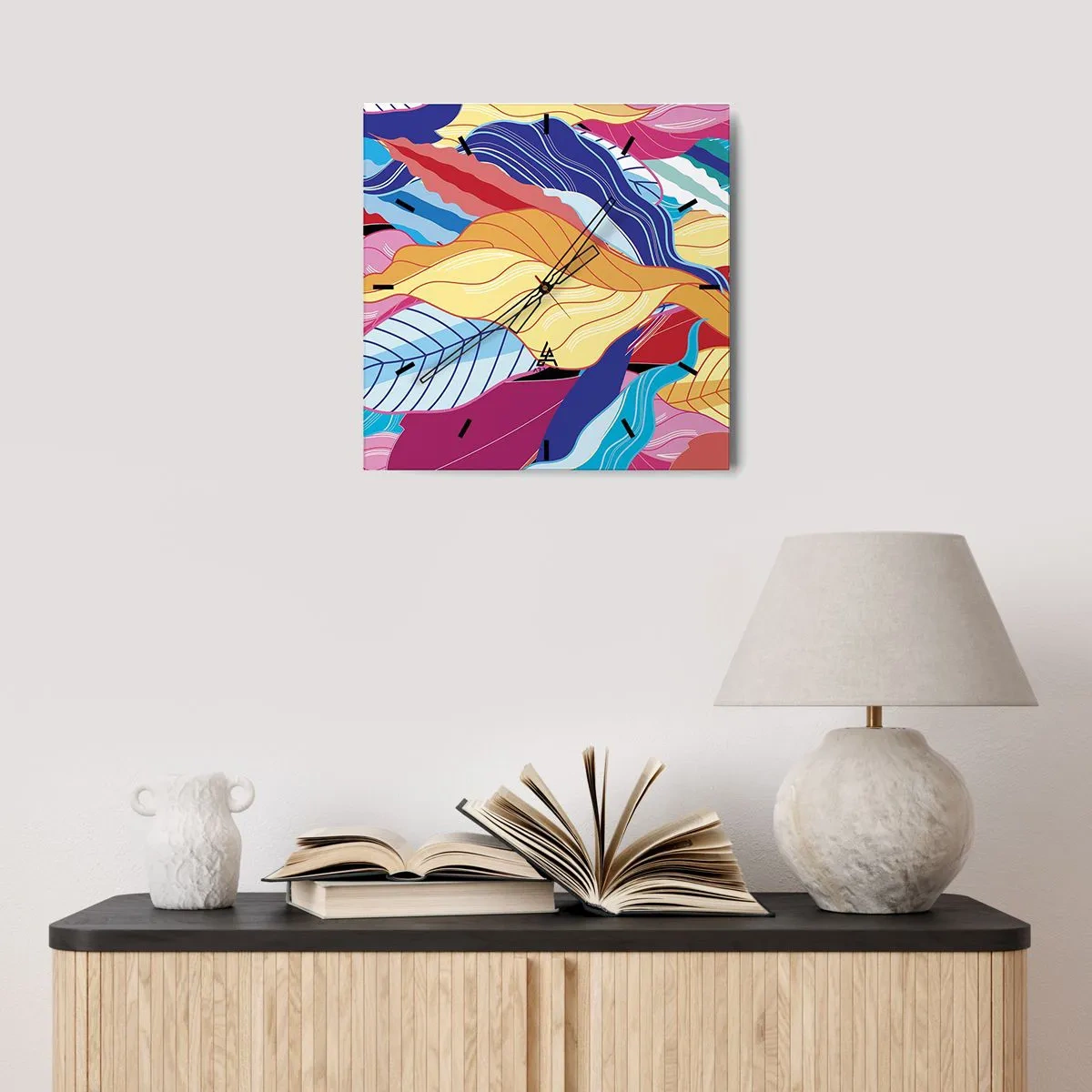 Wanduhr - Glasuhr - Kräftig gefärbte Blätter schaffen eine dynamische Komposition - 30x30cm - Buntes Durcheinander - Moderne Wanddekoration für Wohnzimmer und Schlafzimmer ARTTOR