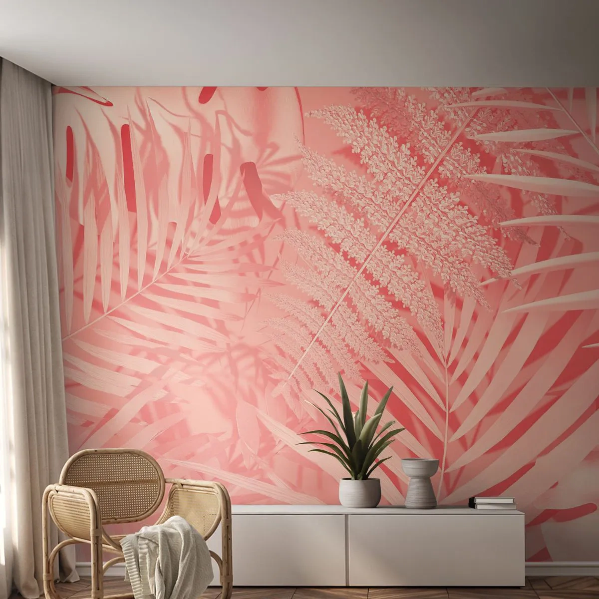 Fototapete Premium Canvas - Rosa Konzept - Abstraktion, Palmblatt, Grafik - 350x256 cm
