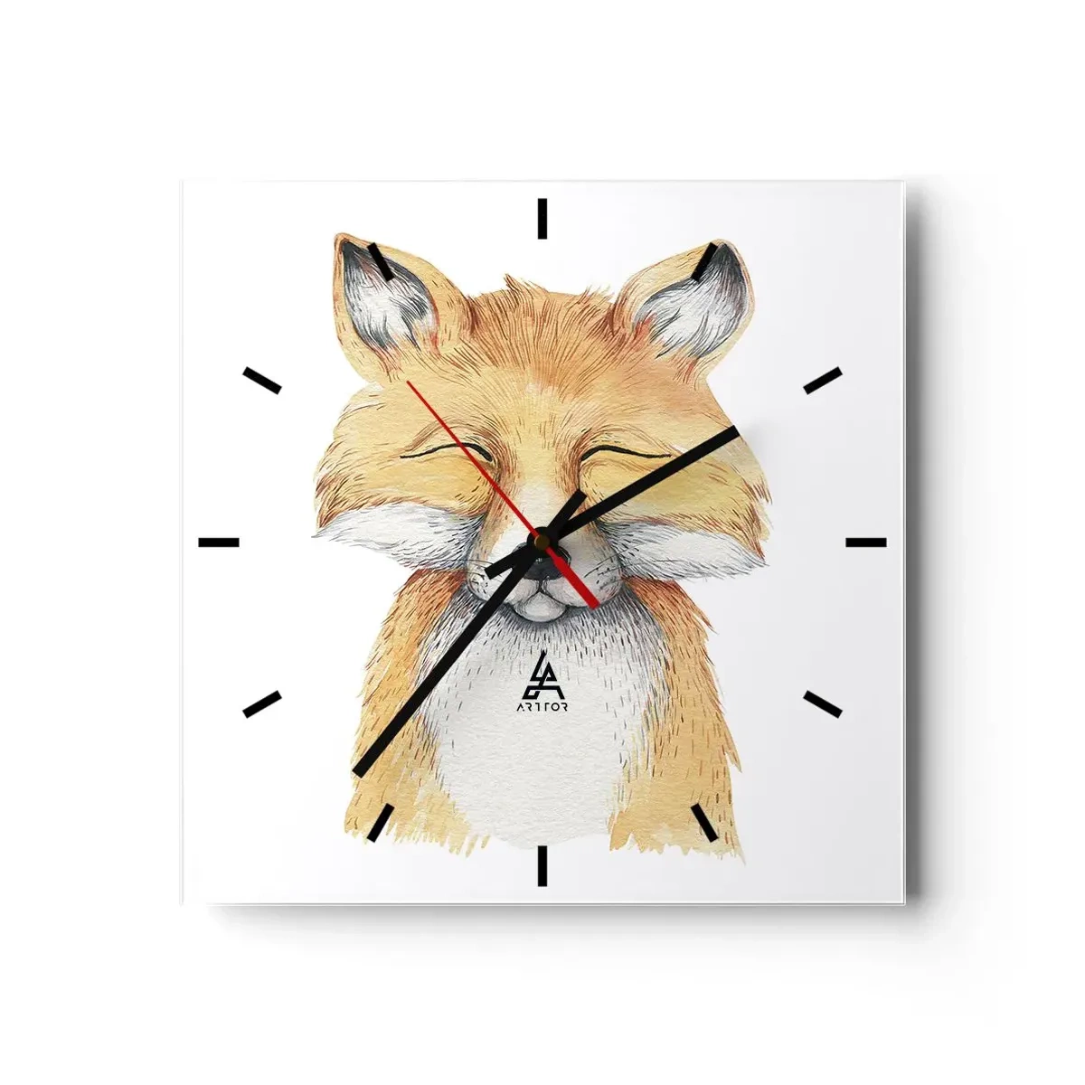 Wanduhr - Glasuhr - Ein Aquarellfuchs mit einem Lächeln im minimalistischen Stil - 30x30cm - Fuchsstimmungen - Moderne Wanddekoration für Wohnzimmer und Schlafzimmer ARTTOR