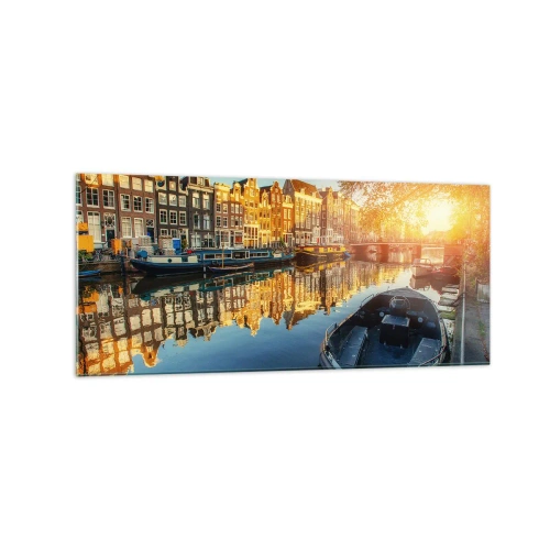Glasbild - Bild auf glas - Amsterdamer Kanal bei Sonnenuntergang - 120x50cm - Morgen in Amsterdam - Moderne Wanddekoration für Wohnzimmer und Schlafzimmer ARTTOR