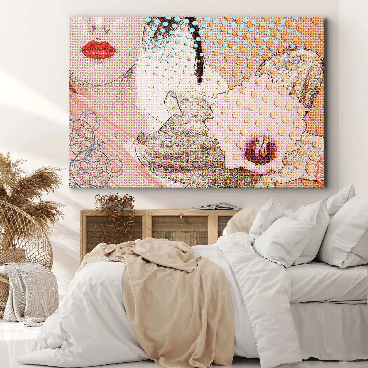 Bild auf Leinwand - Leinwandbild - Abstraktes Kunstwerk mit Mund- und Orchideenmotiv - 100x70cm - Comic-Heldin - Moderne Wanddekoration für Wohnzimmer und Schlafzimmer ARTTOR