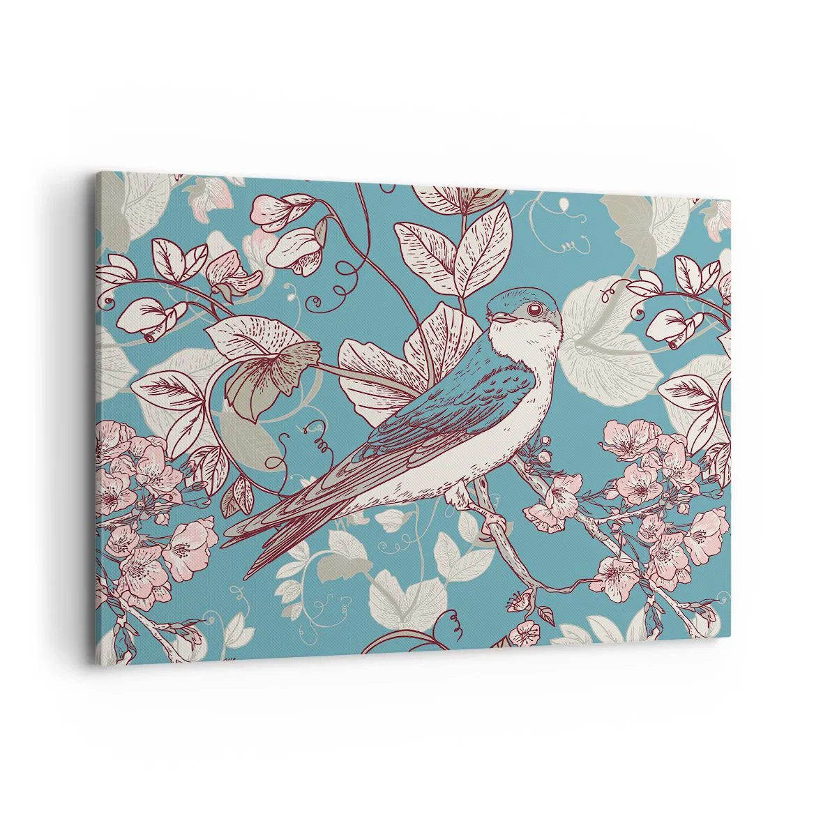 Bild auf Leinwand - Leinwandbild - Ein Vogel auf einem Ast in einem zarten Blumenstil - 100x70cm - Im Weißholz von Rot und Silber - Moderne Wanddekoration für Wohnzimmer und Schlafzimmer ARTTOR