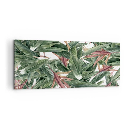 Bild auf Leinwand - Leinwandbild - Ein dekoratives Blattmotiv in Grün- und Burgundertönen auf hellem Hintergrund - 120x50cm - Smaragd-lila Dickicht - Moderne Wanddekoration für Wohnzimmer und Schlafzimmer ARTTOR