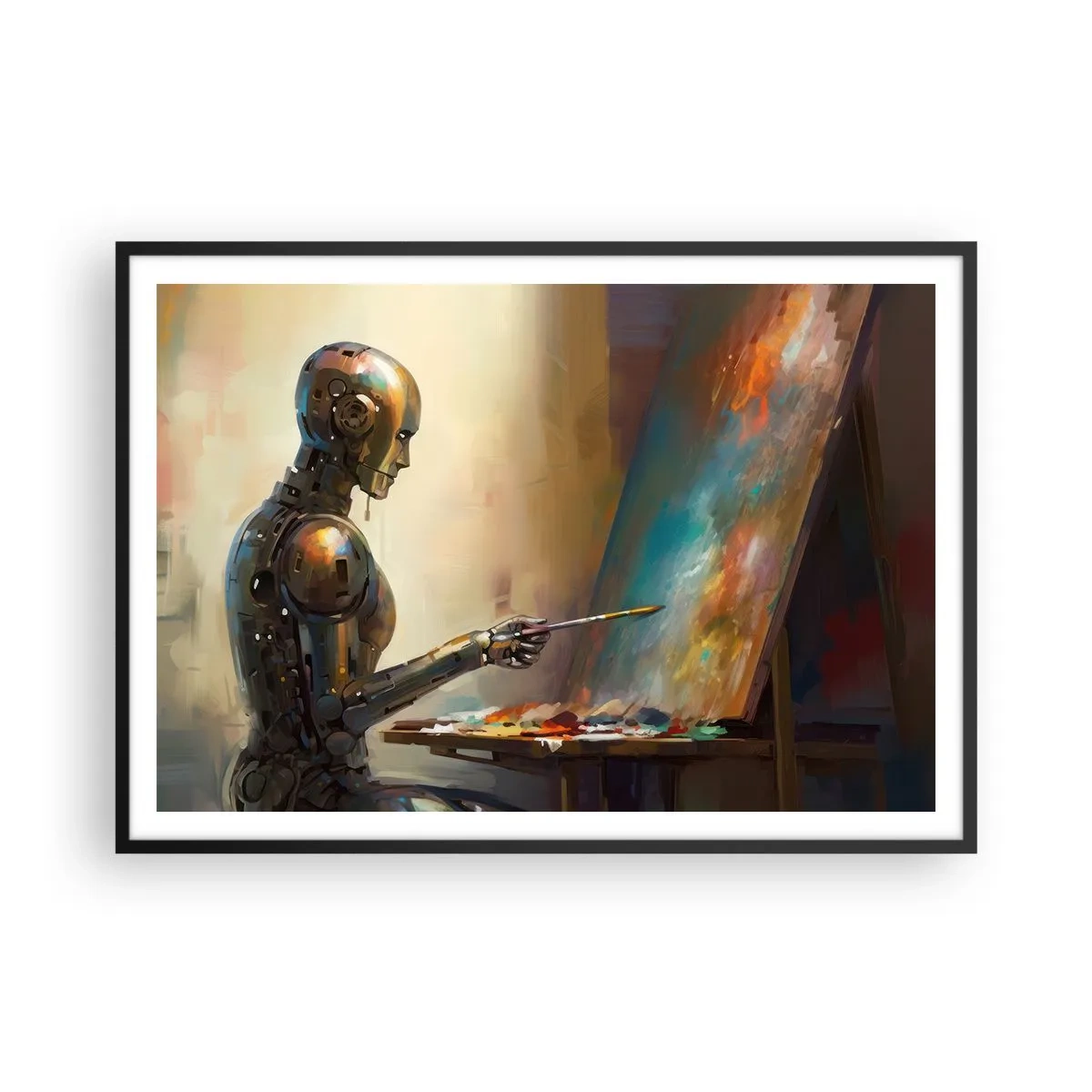 Poster in einem schwarzem Rahmen - Ein Roboter, der im künstlerischen Stil auf einer Leinwand malt - 100x70cm - Die Kunst der Zukunft - Moderne Wanddekoration für Wohnzimmer und Schlafzimmer ARTTOR