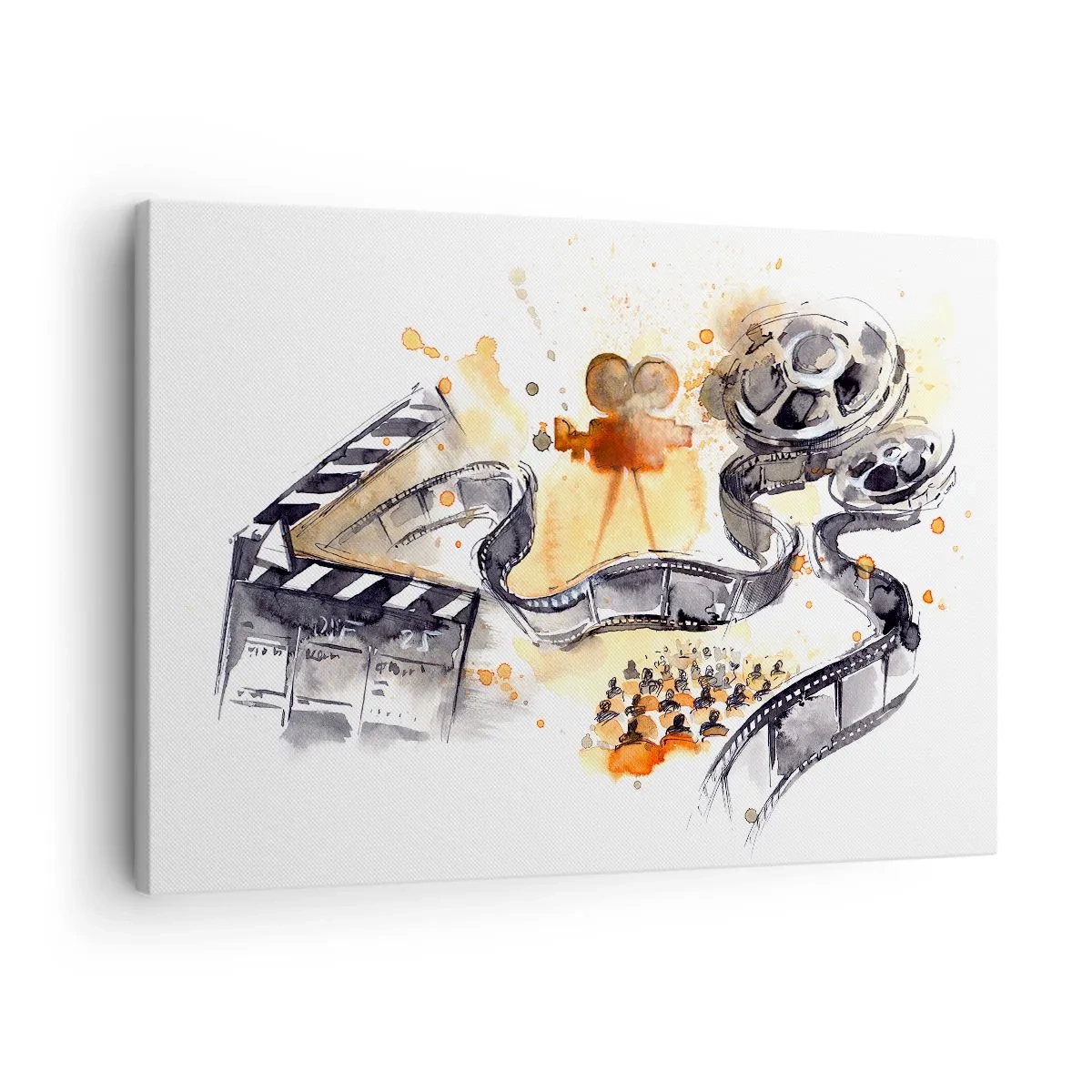 Bild auf Leinwand - Leinwandbild - Die Symbolik des Kinos mit einem Filmstreifen in einem künstlerischen Aquarell - 70x50cm - Im Land der Träume - Moderne Wanddekoration für Wohnzimmer und Schlafzimmer ARTTOR