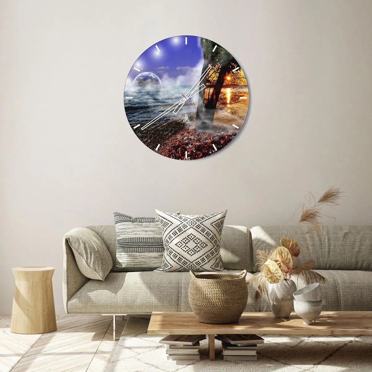 Wanduhr - Glasuhr - Eine symbolische Verbindung zwischen Natur und Weltraum - 30x30cm - Surreale Landschaft - Einheit der Natur - Moderne Wanddekoration für Wohnzimmer, Küche und Schlafzimmer ARTTOR