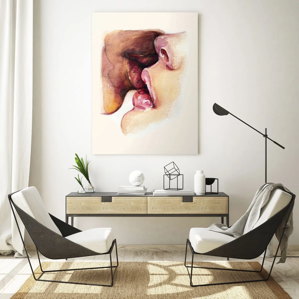 Glasbild - Bild auf glas - Künstlerischer Aquarellkuss zweier Gesichter auf hellem Hintergrund - 50x70cm - Wie Tag und Nacht, Erde und Himmel - Moderne Wanddekoration für Wohnzimmer und Schlafzimmer ARTTOR
