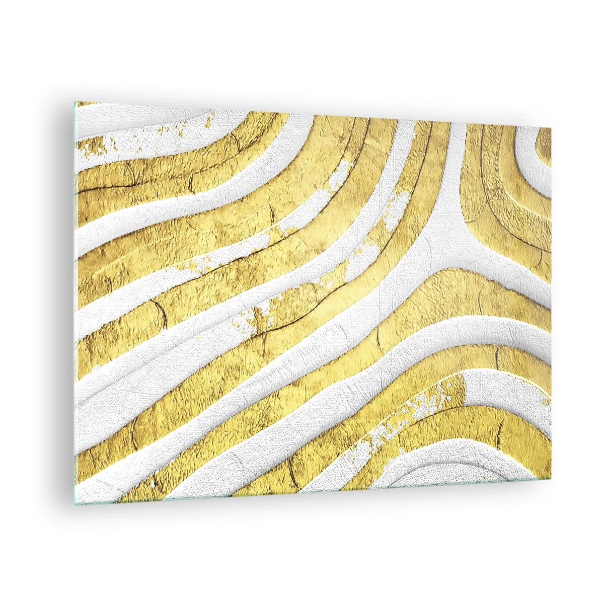 Glasbild - Bild auf glas - Abstrakte goldene und weiße Wellen mit einem Struktureffekt - 70x50cm - Komposition in Weiß und Gold - Moderne Wanddekoration für Wohnzimmer und Schlafzimmer ARTTOR