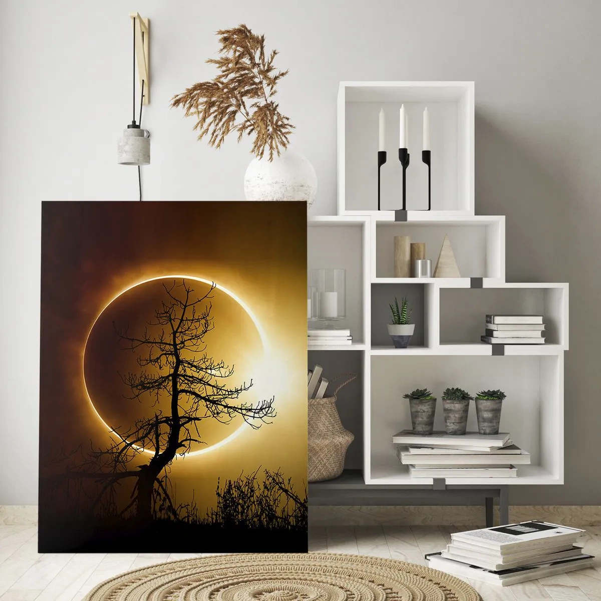 Glasbild - Bild auf glas - Sonnenfinsternis hinter dem Baum - 50x70cm - Totale Finsternis - Moderne Wanddekoration für Wohnzimmer und Schlafzimmer ARTTOR