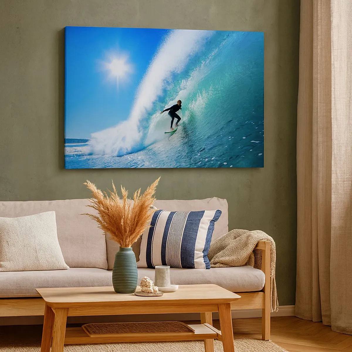 Bild auf Leinwand - Leinwandbild - Ein Surfer auf einem Brett reitet unter blauem Himmel auf einer starken Welle. - 70x50cm - Durch das große Blau - Moderne Wanddekoration für Wohnzimmer und Schlafzimmer ARTTOR