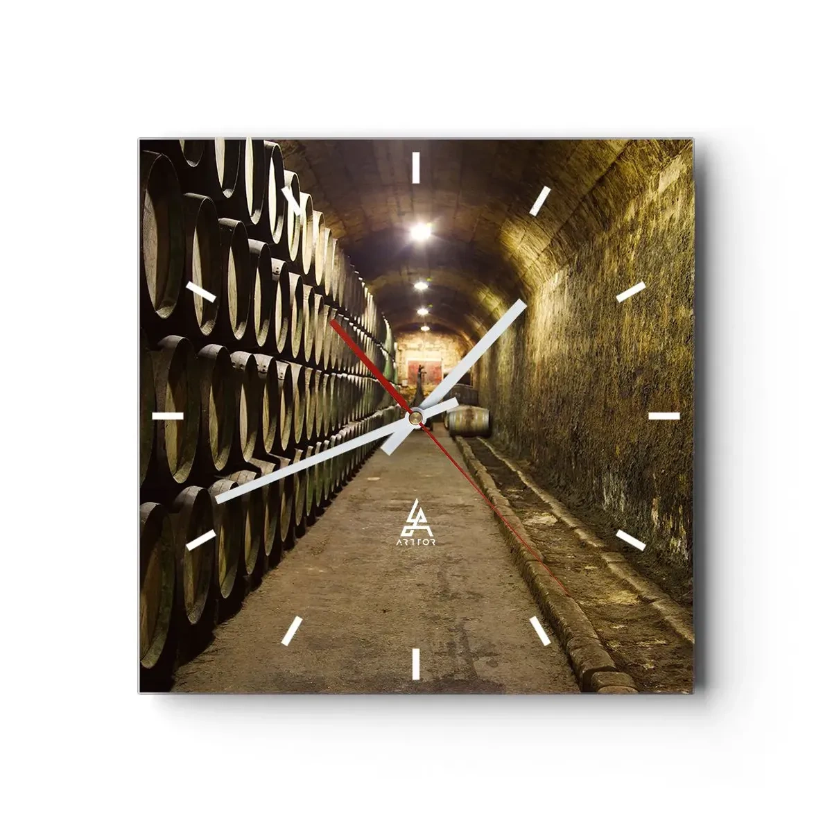 Wanduhr - Glasuhr - Ein Keller mit in Reihen angeordneten hölzernen Weinfässern - 30x30cm - Es ist gut, sich hinzulegen - Moderne Wanddekoration für Wohnzimmer und Schlafzimmer ARTTOR