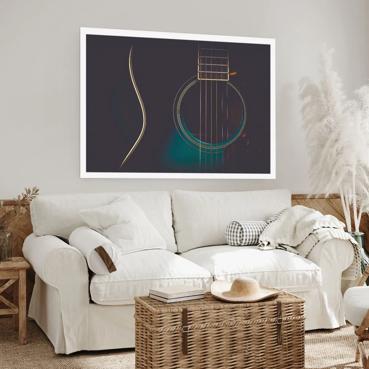 Poster - Akustikgitarre in dunklem, elegantem Licht - 100x70cm - Einen Moment bevor es ertönt - Moderne Wanddekoration für Wohnzimmer und Schlafzimmer ARTTOR