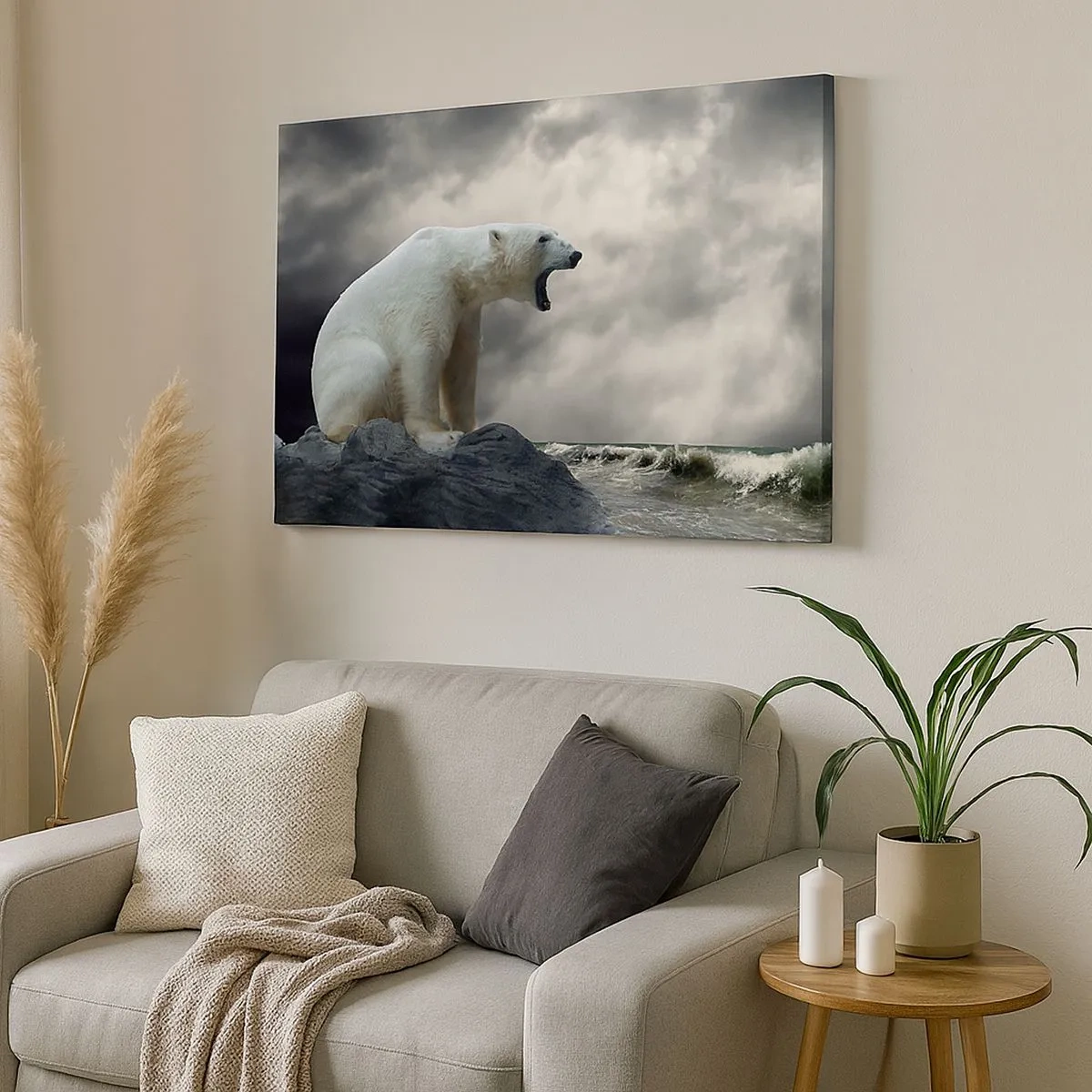 Bild auf Leinwand - Leinwandbild - Ein Eisbär auf den Felsen über einem stürmischen Meer - 70x50cm - Der einsame König der Arktis - Moderne Wanddekoration für Wohnzimmer und Schlafzimmer ARTTOR