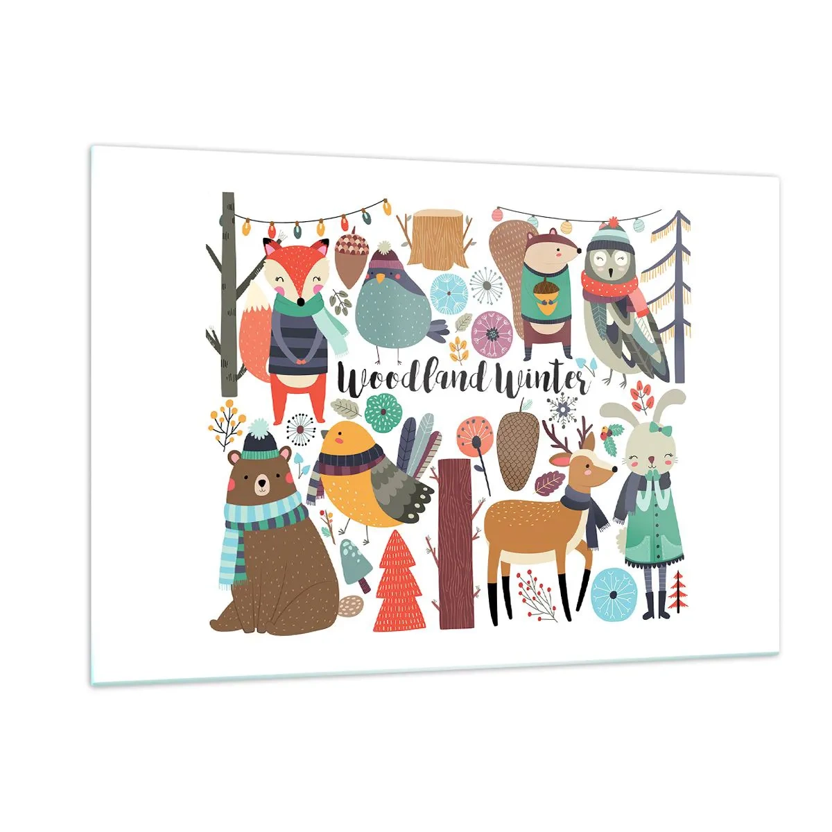 Glasbild - Bild auf glas - Winterwald mit niedlichen Tieren in der Illustration - 120x80cm - Märchenhafter Urlaub im Wald - Moderne Wanddekoration für Wohnzimmer und Schlafzimmer ARTTOR