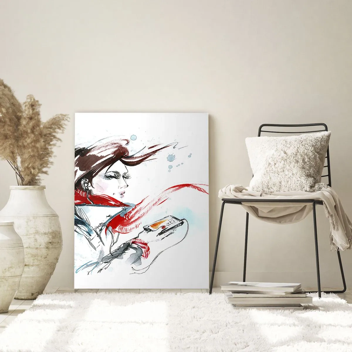 Glasbild - Bild auf glas - Eine Frau mit einem roten Schal mit dynamischen, skizzenhaften Details. - 50x70cm - Mit mir stimmt was nicht - Moderne Wanddekoration für Wohnzimmer und Schlafzimmer ARTTOR