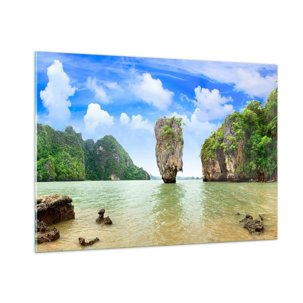 Glasbild - Bild auf glas - Ein Felsen im Wasser, umgeben von tropischen Inseln - 100x70cm - Felsige Wunder der Natur - Moderne Wanddekoration für Wohnzimmer und Schlafzimmer ARTTOR