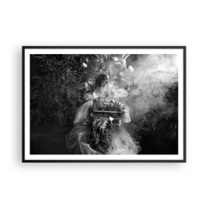 Poster in einem schwarzem Rahmen - Eine Schwarz-Weiß-Komposition mit einer Figur in einem Kleid und einem Käfig im Nebel. - 100x70cm - Mutter selbst - Natur - Moderne Wanddekoration für Wohnzimmer und Schlafzimmer ARTTOR