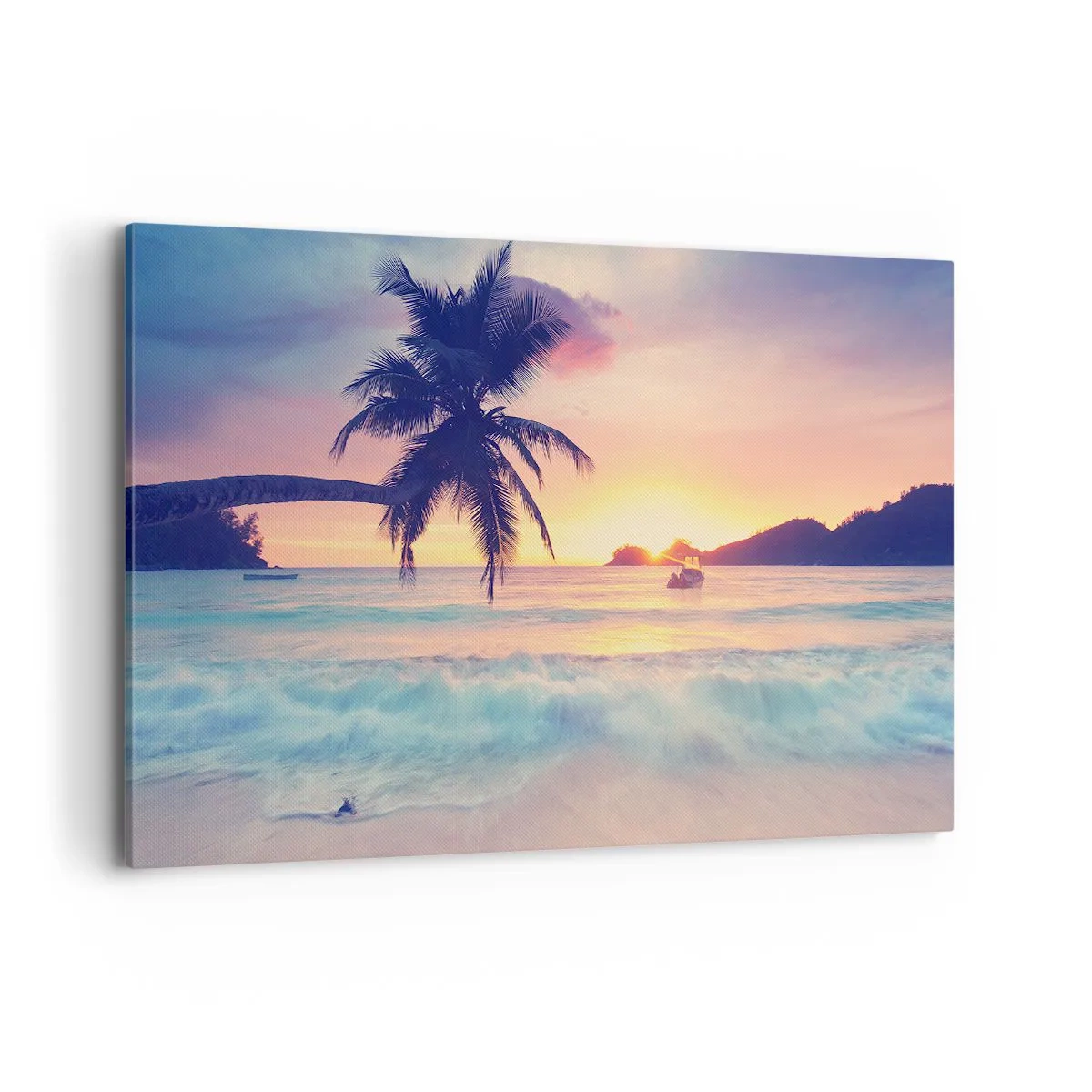 Bild auf Leinwand - Leinwandbild - Strand mit Palmen und Sonnenuntergang über dem Meer - 120x80cm - Ein Abend in der Bucht - Moderne Wanddekoration für Wohnzimmer und Schlafzimmer ARTTOR