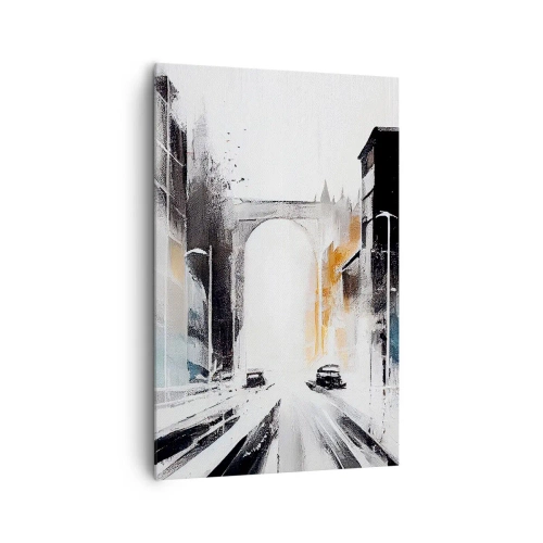 Bild auf Leinwand - Leinwandbild - Abstraktes Stadtpanorama mit einer Bogenbrücke - 80x120cm - Stadtstudie: Architektur und Bewegung - Moderne Wanddekoration für Wohnzimmer und Schlafzimmer ARTTOR