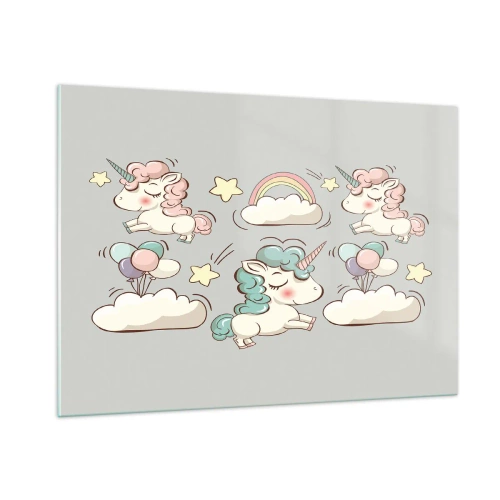 Glasbild - Bild auf glas - Niedliche Einhörner in den Wolken mit einem Regenbogen und Luftballons - 100x70cm - Sicherlich gibt es... - Moderne Wanddekoration für Wohnzimmer und Schlafzimmer ARTTOR