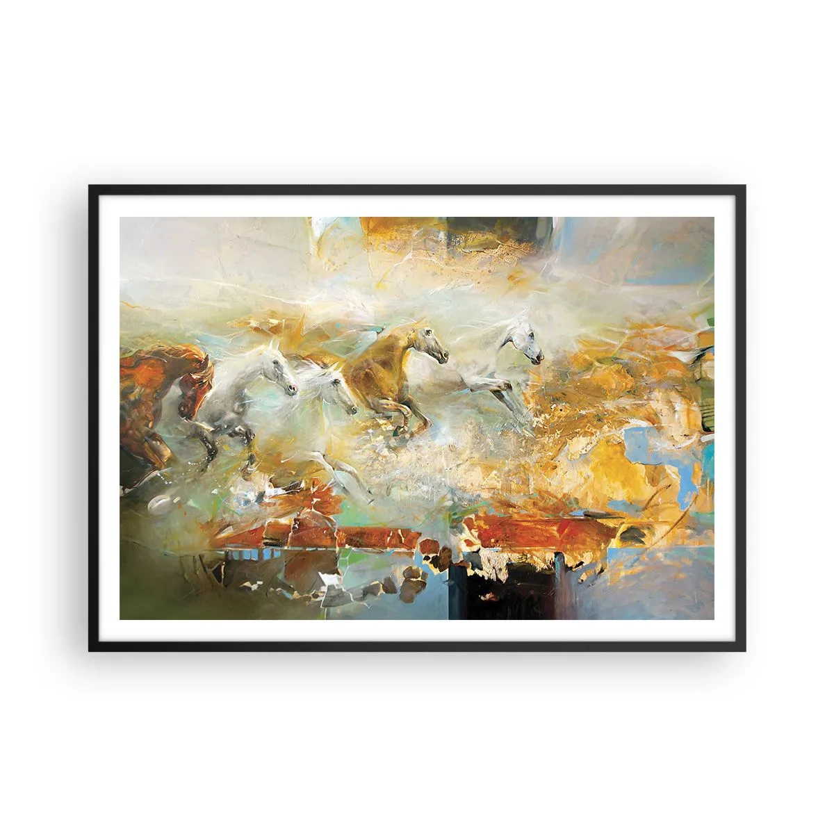 Poster in einem schwarzem Rahmen - Künstlerische Pferde in einer dynamischen, farbenfrohen Umgebung - 100x70cm - Im Galopp durch das Licht - Moderne Wanddekoration für Wohnzimmer und Schlafzimmer ARTTOR