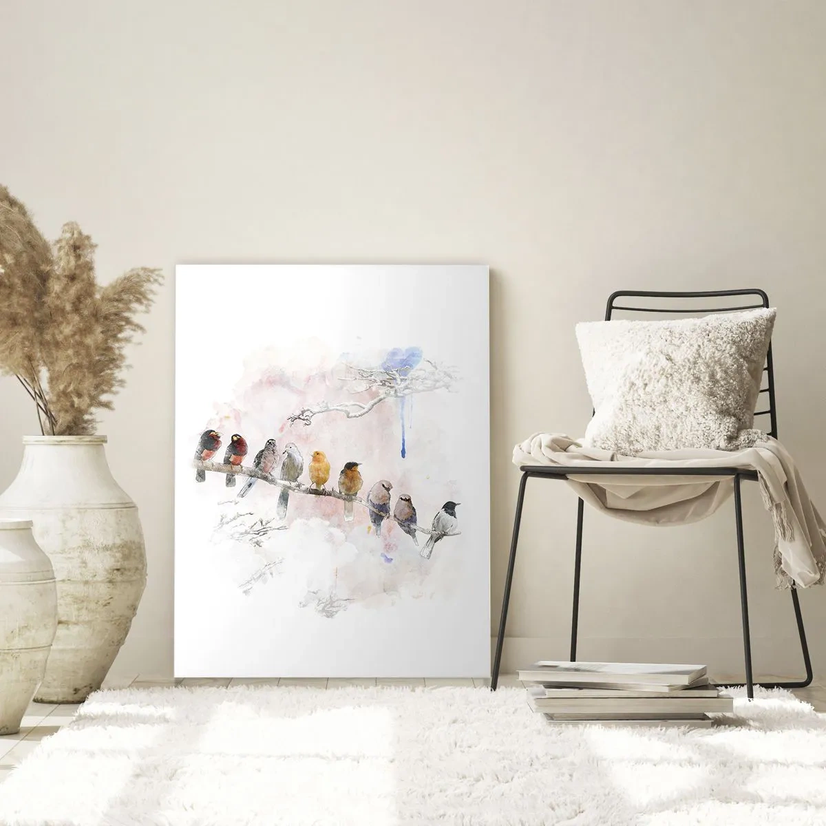 Glasbild - Bild auf glas - Bunte Vögel auf einem Ast im Aquarellstil - 80x120cm - Geflügeltes Treffen - Moderne Wanddekoration für Wohnzimmer und Schlafzimmer ARTTOR