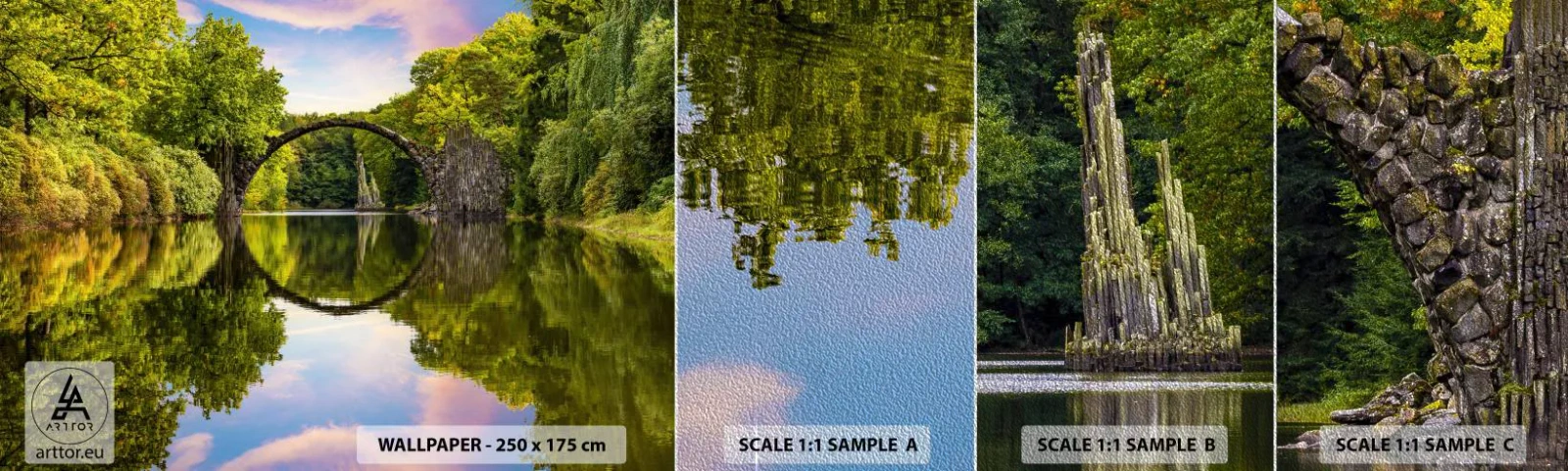 Fototapeten Muster Premium Sand - An der Kreuzung zweier Welten - Landschaft, Fluss, Brücke - 100x30 cm