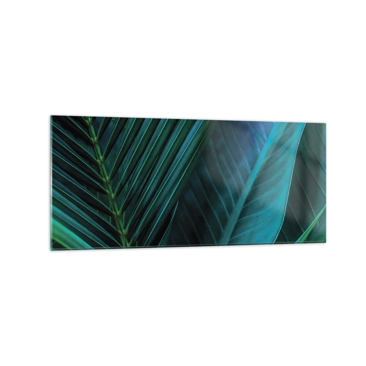 Glasbild - Bild auf glas - Nahaufnahme von tropischen grünen Blättern - 120x50cm - Die Anatomie des Grüns - Moderne Wanddekoration für Wohnzimmer und Schlafzimmer ARTTOR