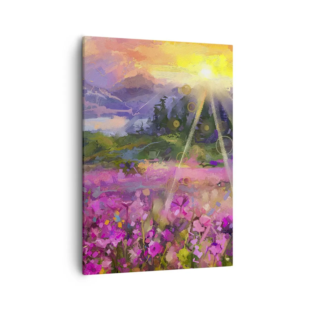 Bild auf Leinwand - Leinwandbild - Eine malerische Wiese in den Strahlen der untergehenden Sonne - 50x70cm - Im Tal unter dem Schutz der Sonne - Moderne Wanddekoration für Wohnzimmer und Schlafzimmer ARTTOR