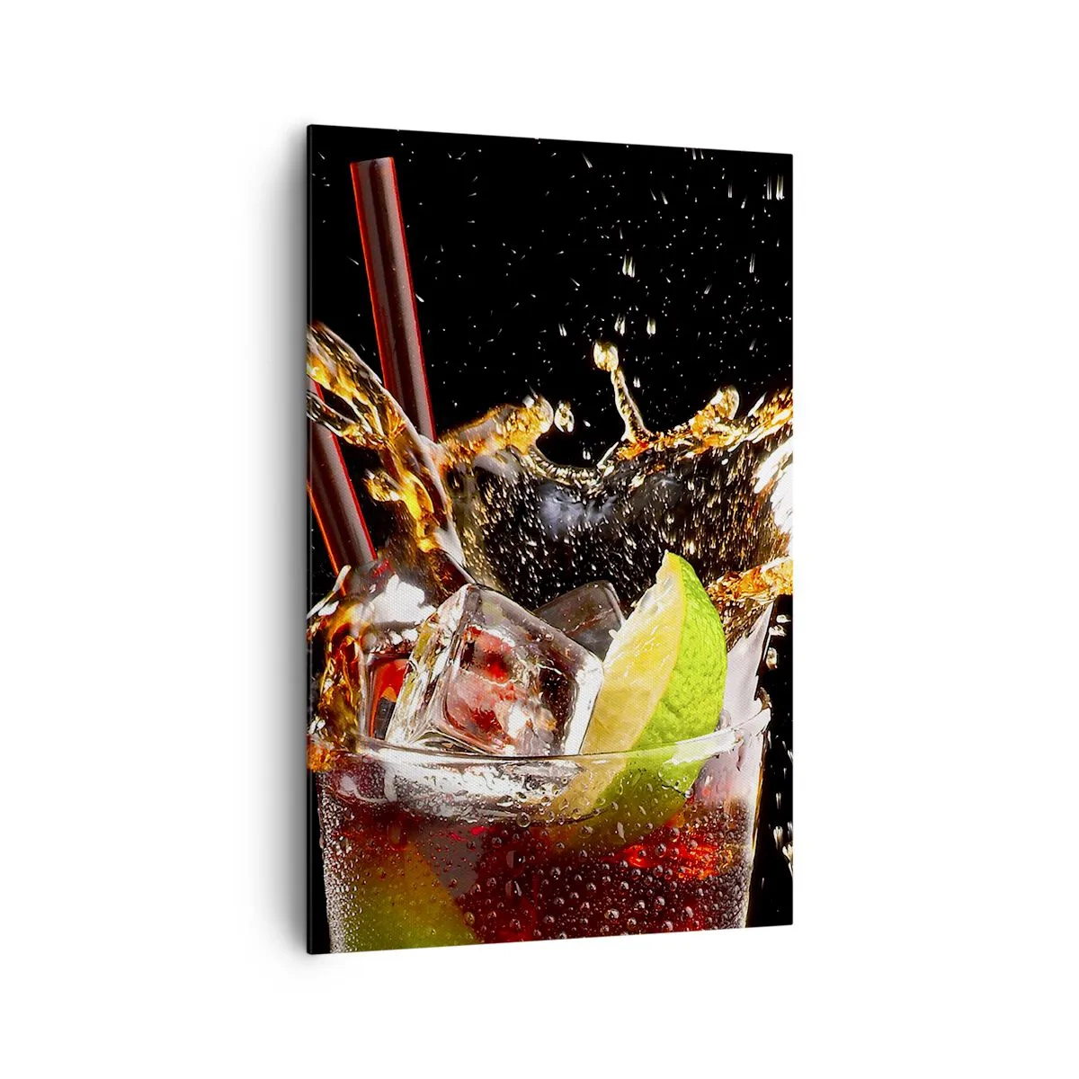 Bild auf Leinwand - Leinwandbild - Ein Glas Getränk, Limette und Eis im Moment des dynamischen Spritzens - 80x120cm - Freude und Energie der Farben - Moderne Wanddekoration für Wohnzimmer und Schlafzimmer ARTTOR