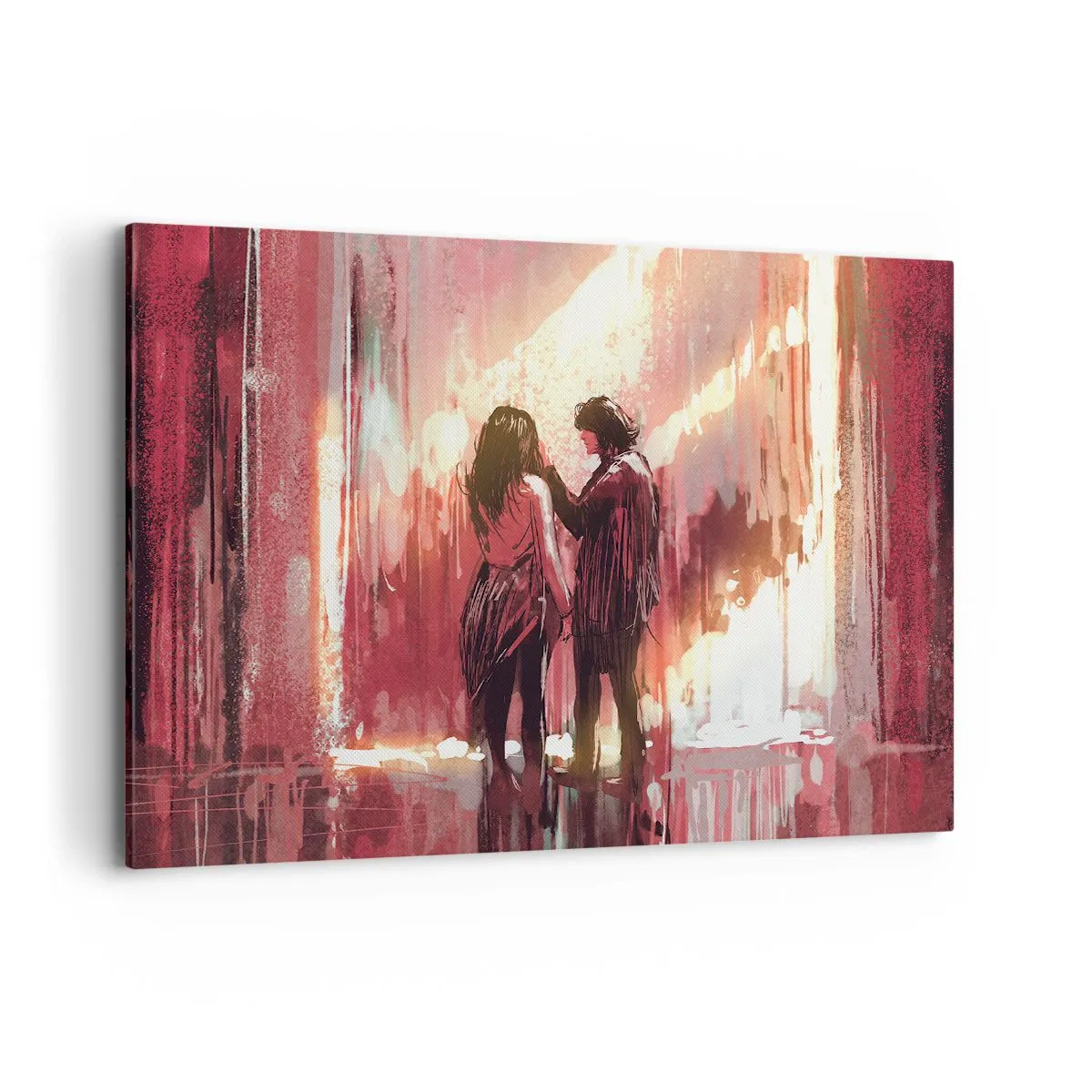 Bild auf Leinwand - Leinwandbild - Ein Paar steht in warmem Licht vor einem Hintergrund aus abstrakten Mustern - 120x80cm - Das ewige Schauspiel der Liebe - Moderne Wanddekoration für Wohnzimmer und Schlafzimmer ARTTOR