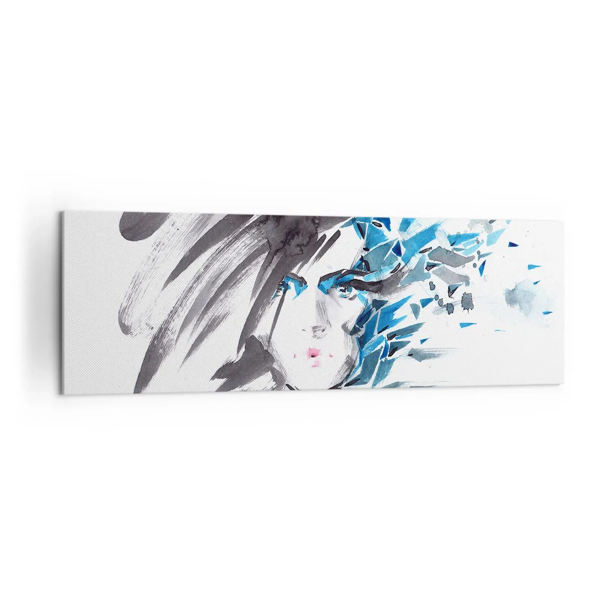Bild auf Leinwand - Leinwandbild - Künstlerische Aquarell-Gesichtsbemalung mit blauen Akzenten - 160x50cm - Sinnliches Portrait in Grau und Blau - Moderne Wanddekoration für Wohnzimmer und Schlafzimmer ARTTOR