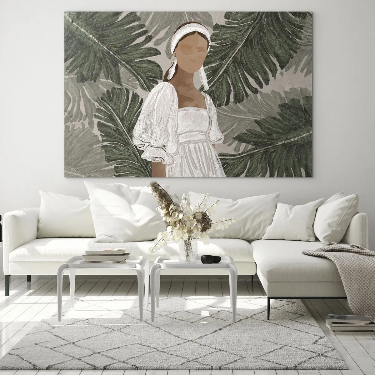 Glasbild - Bild auf glas - Eine Frau in einem weißen Kleid vor einem Hintergrund aus grünen tropischen Blättern. - 70x50cm - Exotisches Porträt - Moderne Wanddekoration für Wohnzimmer und Schlafzimmer ARTTOR