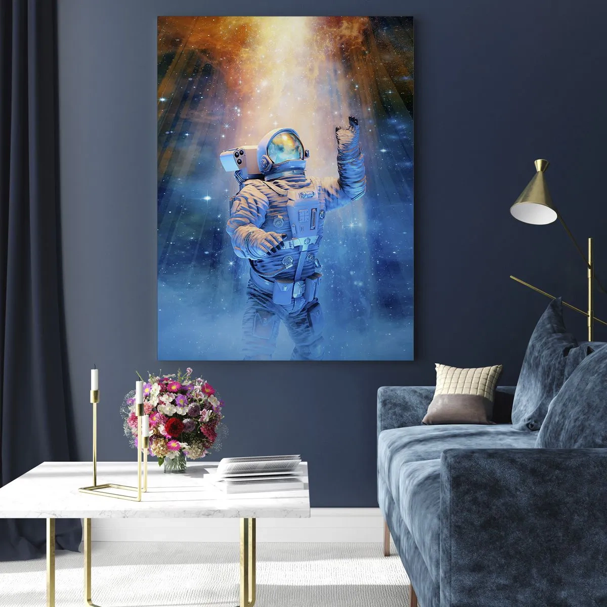 Glasbild - Bild auf glas - Ein Astronaut im Weltraum, beleuchtet von Lichtstrahlen - 50x70cm - Endlich am Ende - Moderne Wanddekoration für Wohnzimmer und Schlafzimmer ARTTOR