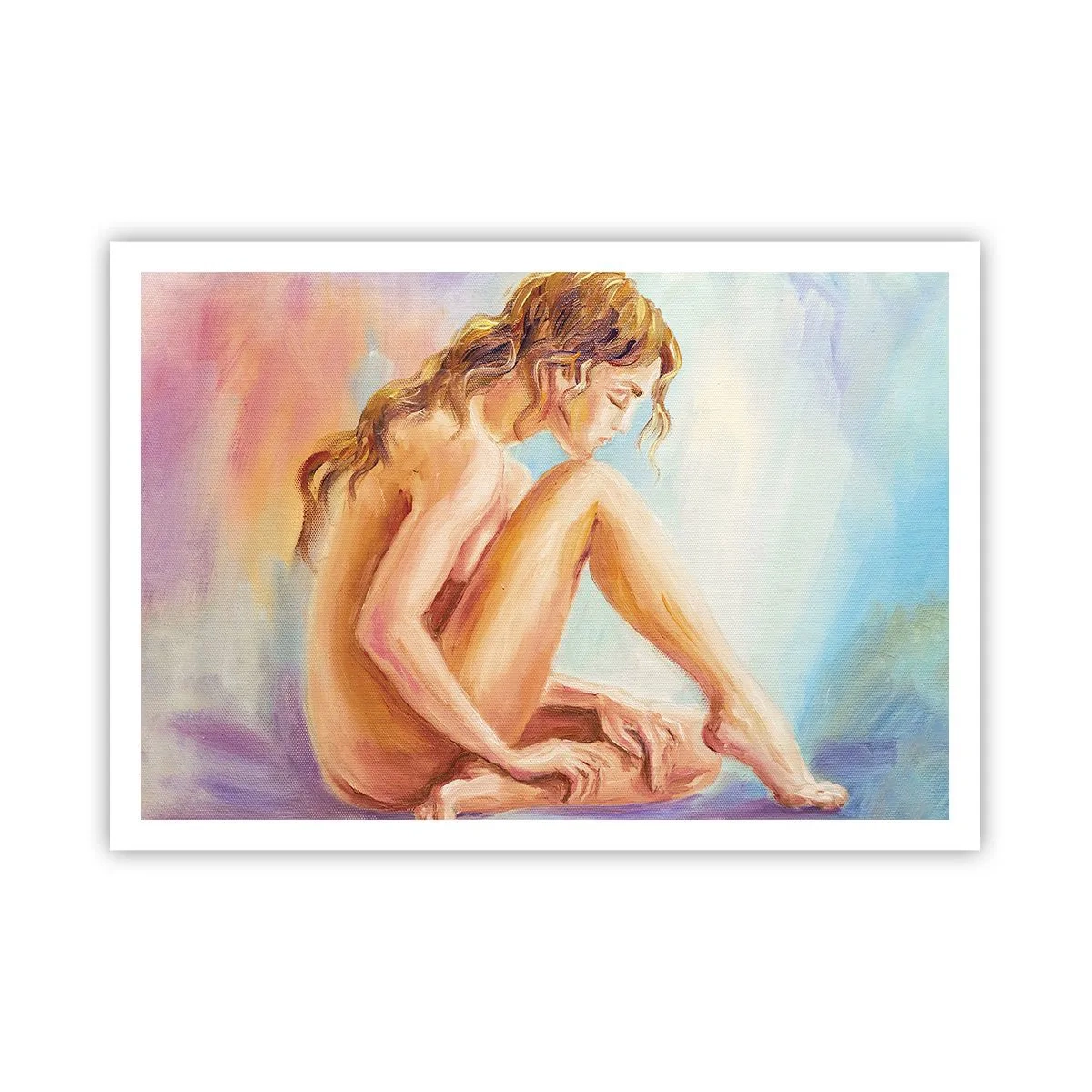 Poster - Eine zarte Figur einer Frau auf einem pastellfarbenen Hintergrund - 100x70cm - Akt der Jugend - Moderne Wanddekoration für Wohnzimmer und Schlafzimmer ARTTOR