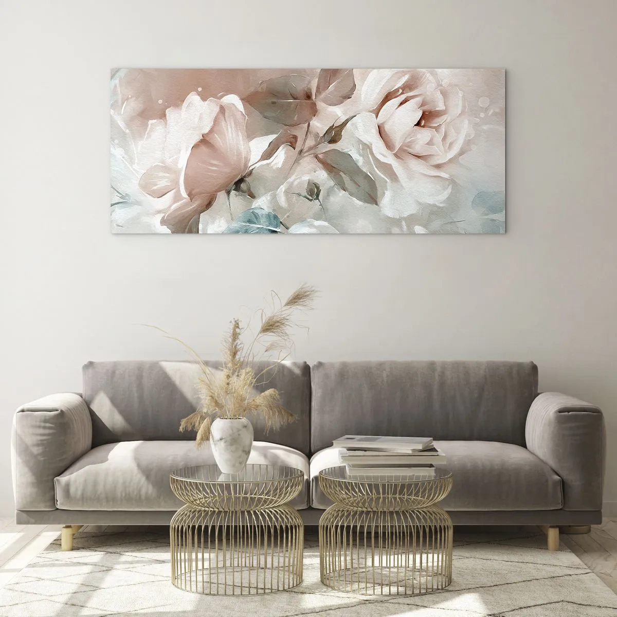 Glasbild - Bild auf glas - Zarte Rosen in Pastelltönen auf hellem Untergrund - 140x50cm - Geist der Romantik - Moderne Wanddekoration für Wohnzimmer und Schlafzimmer ARTTOR