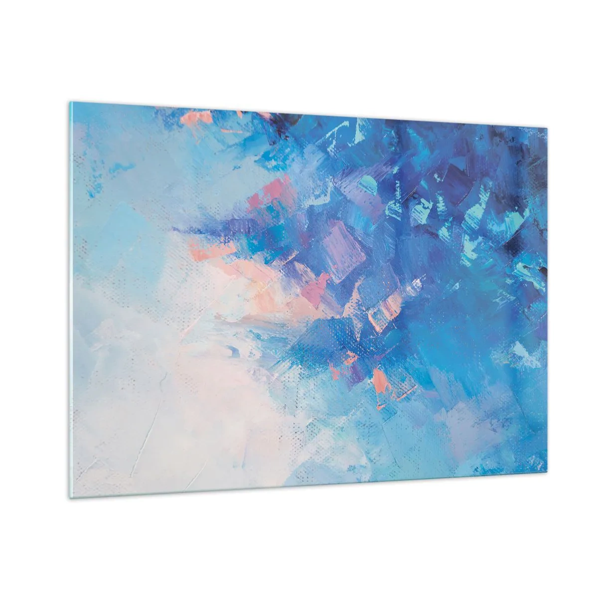 Glasbild - Bild auf glas - Abstrakte Winterlandschaft mit kühlen Blau- und zarten Rosatönen - 100x70cm - Winter-Abstraktion - Moderne Wanddekoration für Wohnzimmer und Schlafzimmer ARTTOR