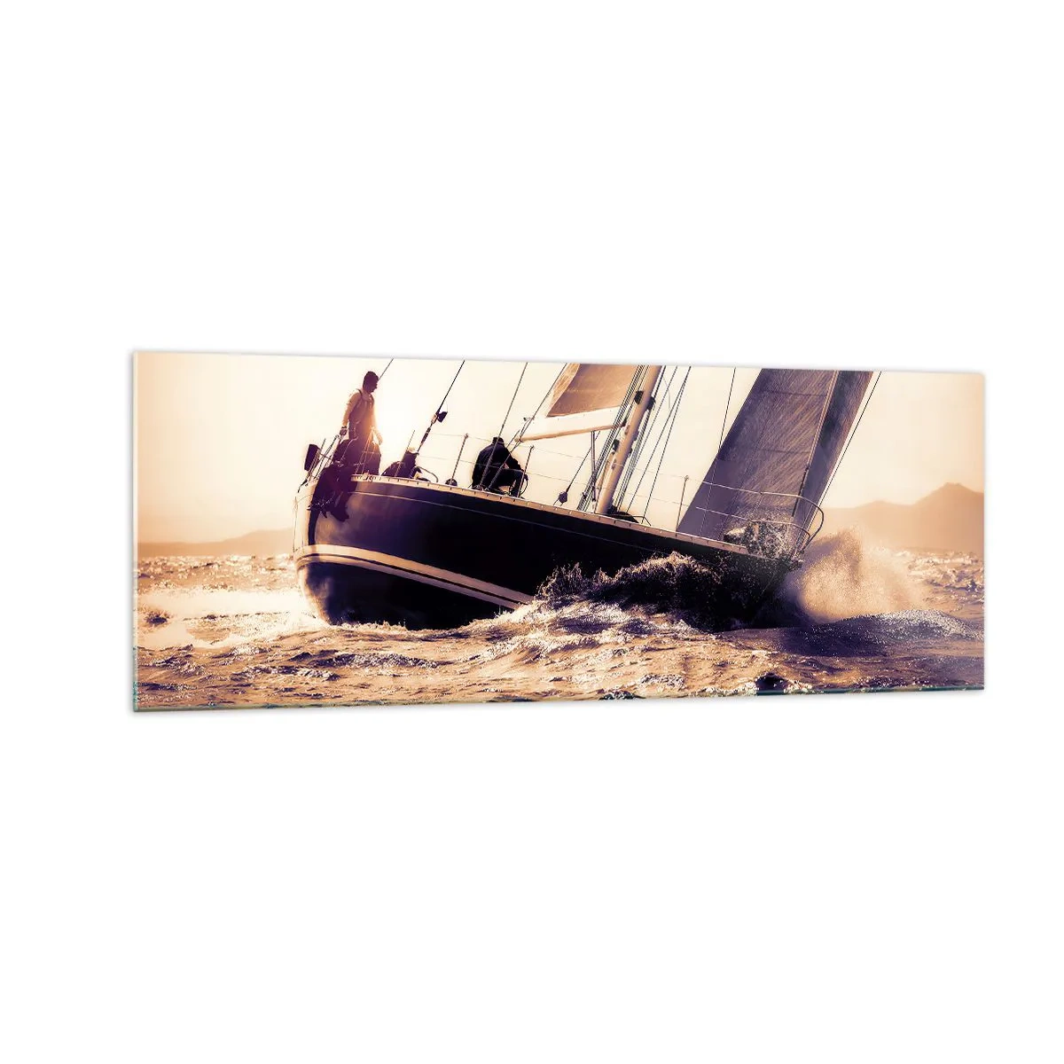 Glasbild - Bild auf glas - Eine Yacht auf stürmischer See im Licht der untergehenden Sonne - 140x50cm - Segle, Seemann - Moderne Wanddekoration für Wohnzimmer und Schlafzimmer ARTTOR