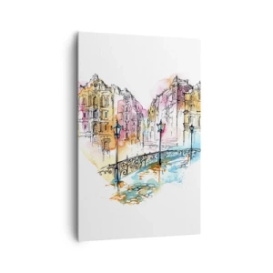 Bild auf Leinwand - Leinwandbild - Aquarell einer Brücke und herzförmigen Mietshäusern - 80x120cm - Das Herz der Stadt - Moderne Wanddekoration für Wohnzimmer und Schlafzimmer ARTTOR