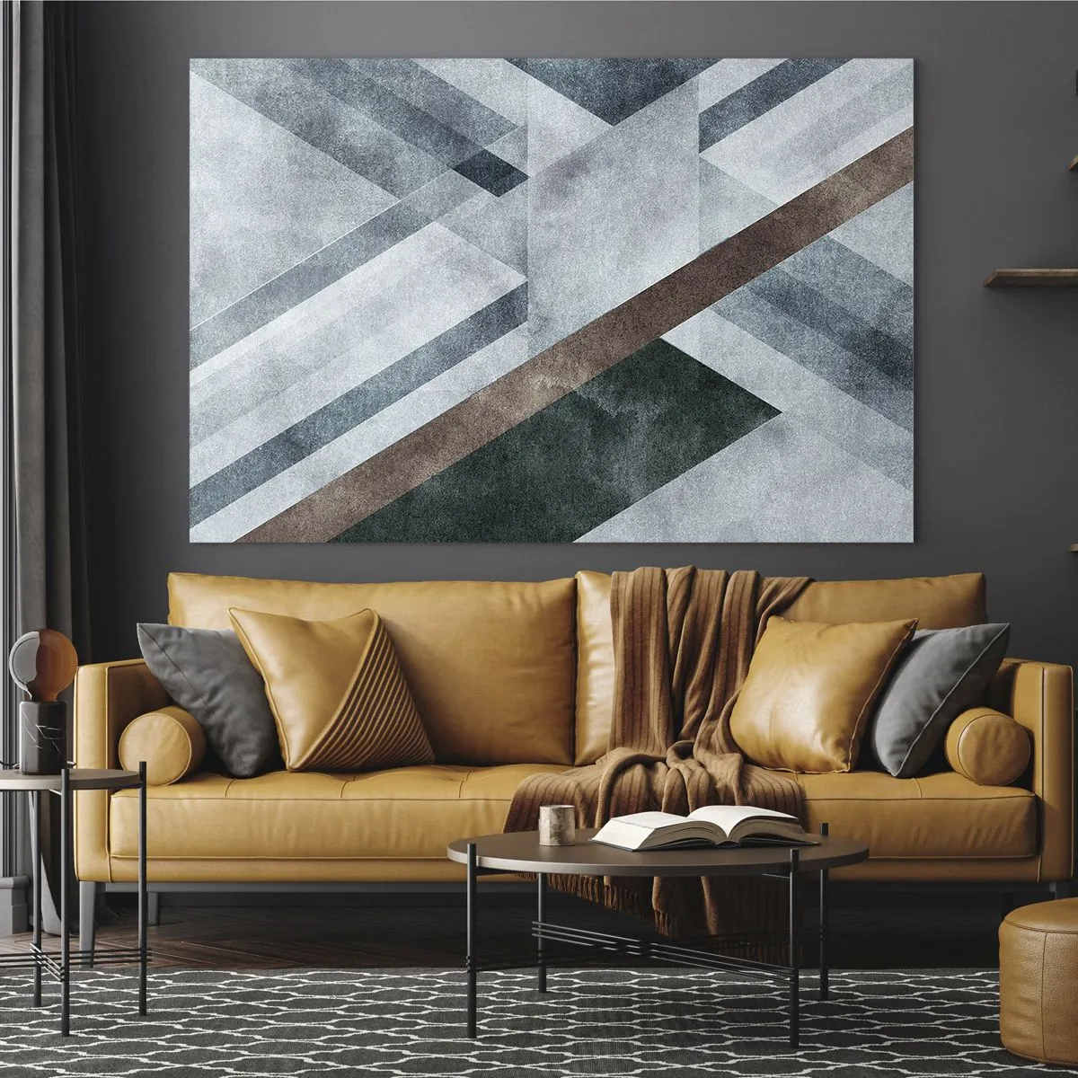 Glasbild - Bild auf glas - Geometrische Abstraktion in kühlen Tönen mit dunkelgrünem Akzent - 70x50cm - Anspruchsvolle Eleganz der Geometrie - Moderne Wanddekoration für Wohnzimmer und Schlafzimmer ARTTOR